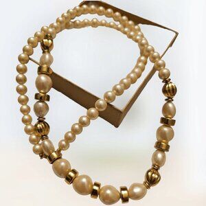 Trifari Necklace Faux Pearl Beaded  Gold Tone Accents Beads 29" Jewelry 70s-80s